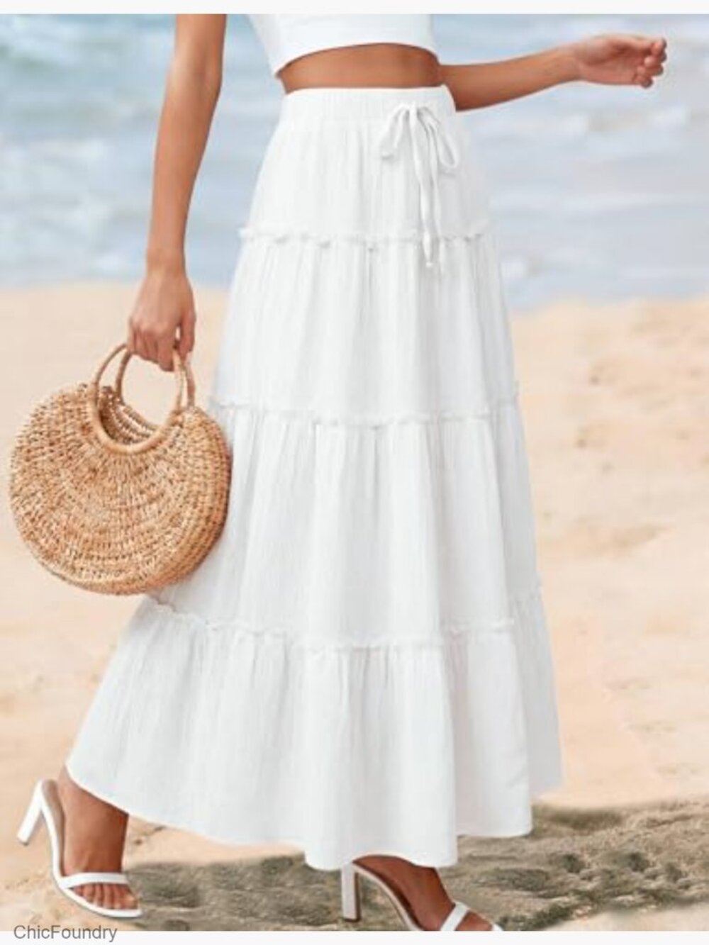 Flowy Ruffle Tiered Elastic High Waisted A Line Maxi Skirt Boho Beach Vacation - Picture 2 of 7